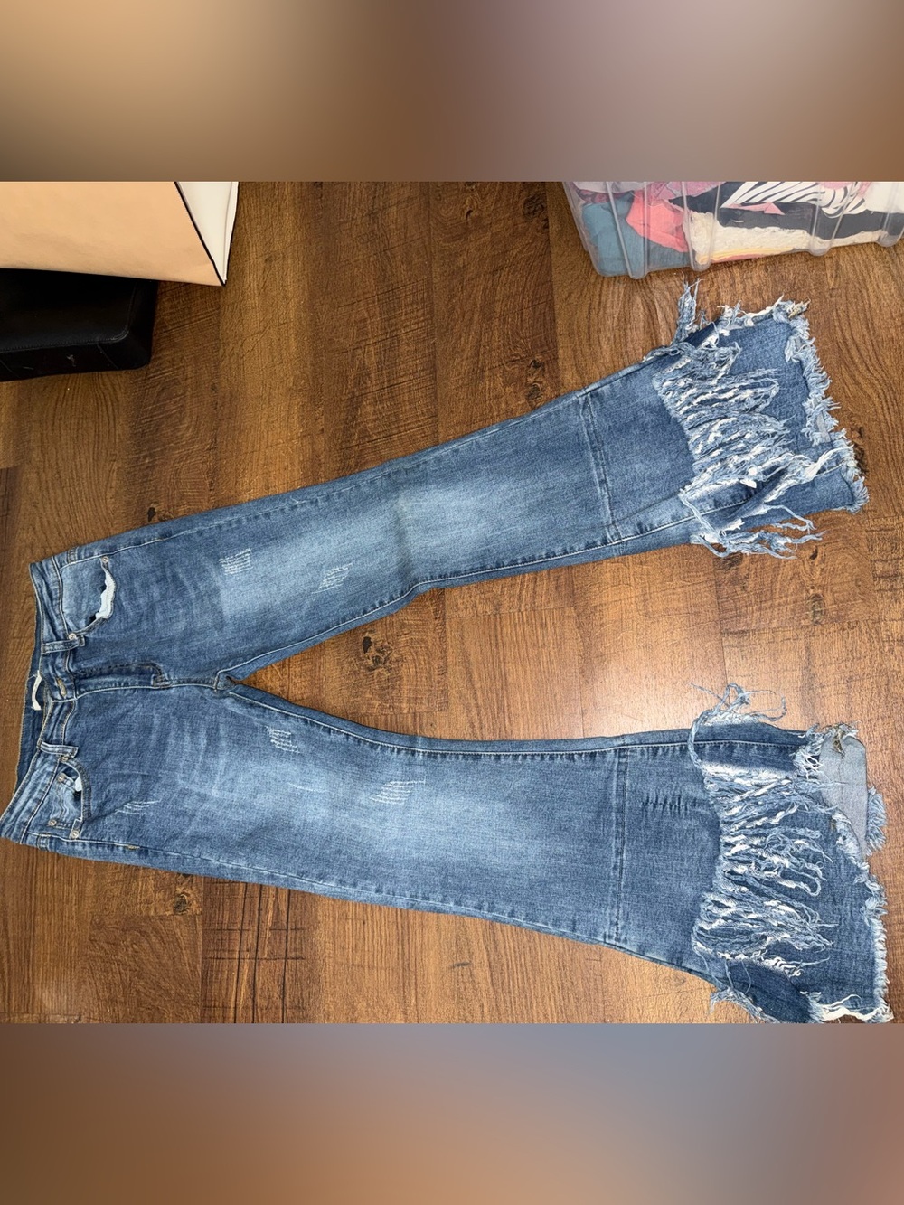 Moda Luxe Distressed Medium Blue Flared Jeans with Frayed Hem